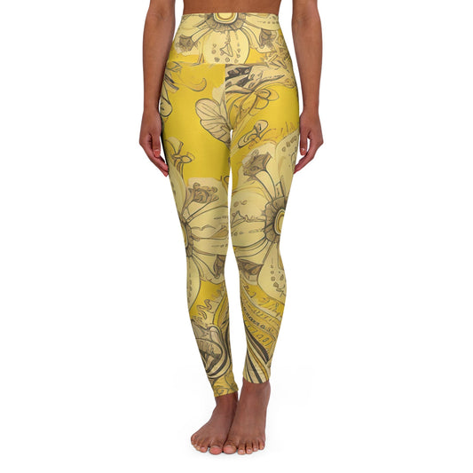 Womens High-waist Fitness Legging Yoga Pants - Floral Yellow Bandanna