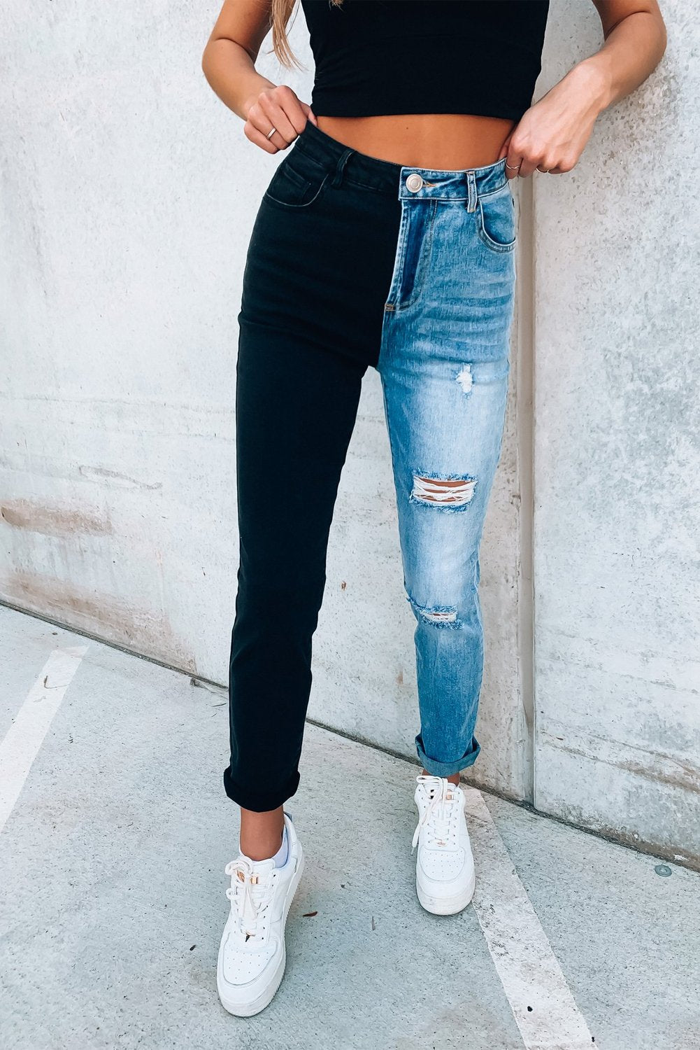 Color Block Distressed Skinny Jeans