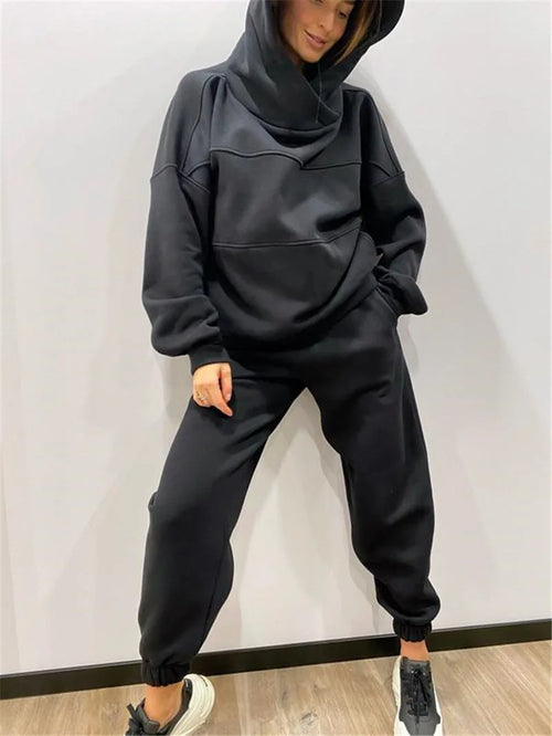 Fleece Oversized Hooded Women's Tracksuit Two Piece Sets Long Sleeve