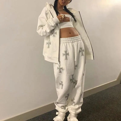 Tracksuit Women Cross Rhinestone Print Women Pants Warm Hoodie