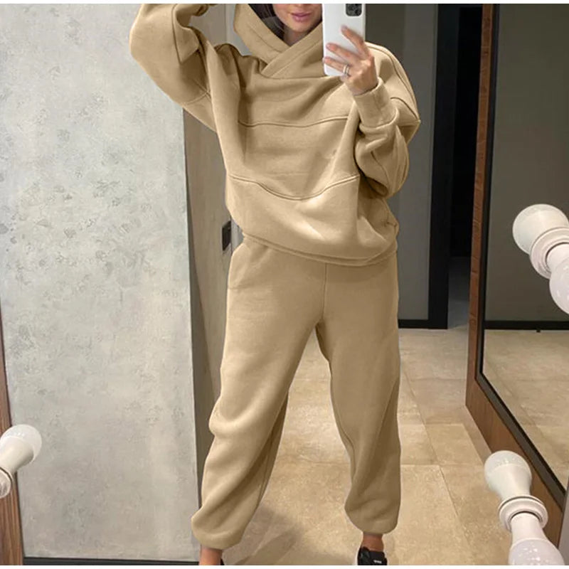 Fleece Oversized Hooded Women's Tracksuit Two Piece Sets Long Sleeve