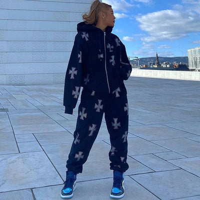 Tracksuit Women Cross Rhinestone Print Women Pants Warm Hoodie