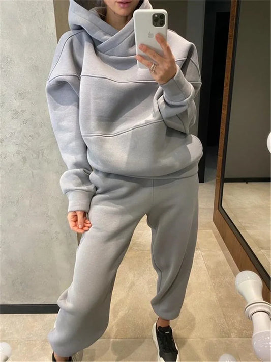 Fleece Oversized Hooded Women's Tracksuit Two Piece Sets Long Sleeve