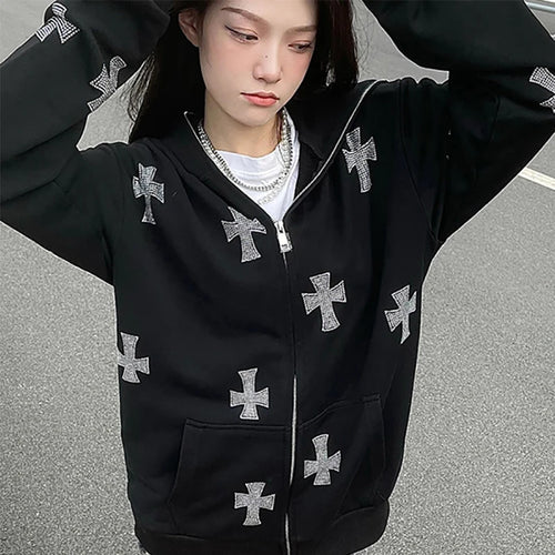 Tracksuit Women Cross Rhinestone Print Women Pants Warm Hoodie