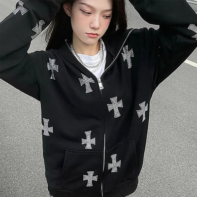 Tracksuit Women Cross Rhinestone Print Women Pants Warm Hoodie