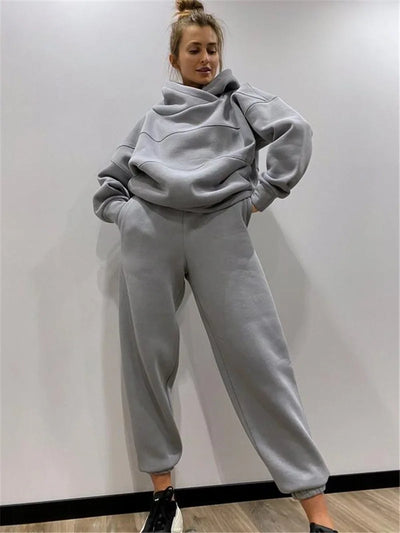 Fleece Oversized Hooded Women's Tracksuit Two Piece Sets Long Sleeve