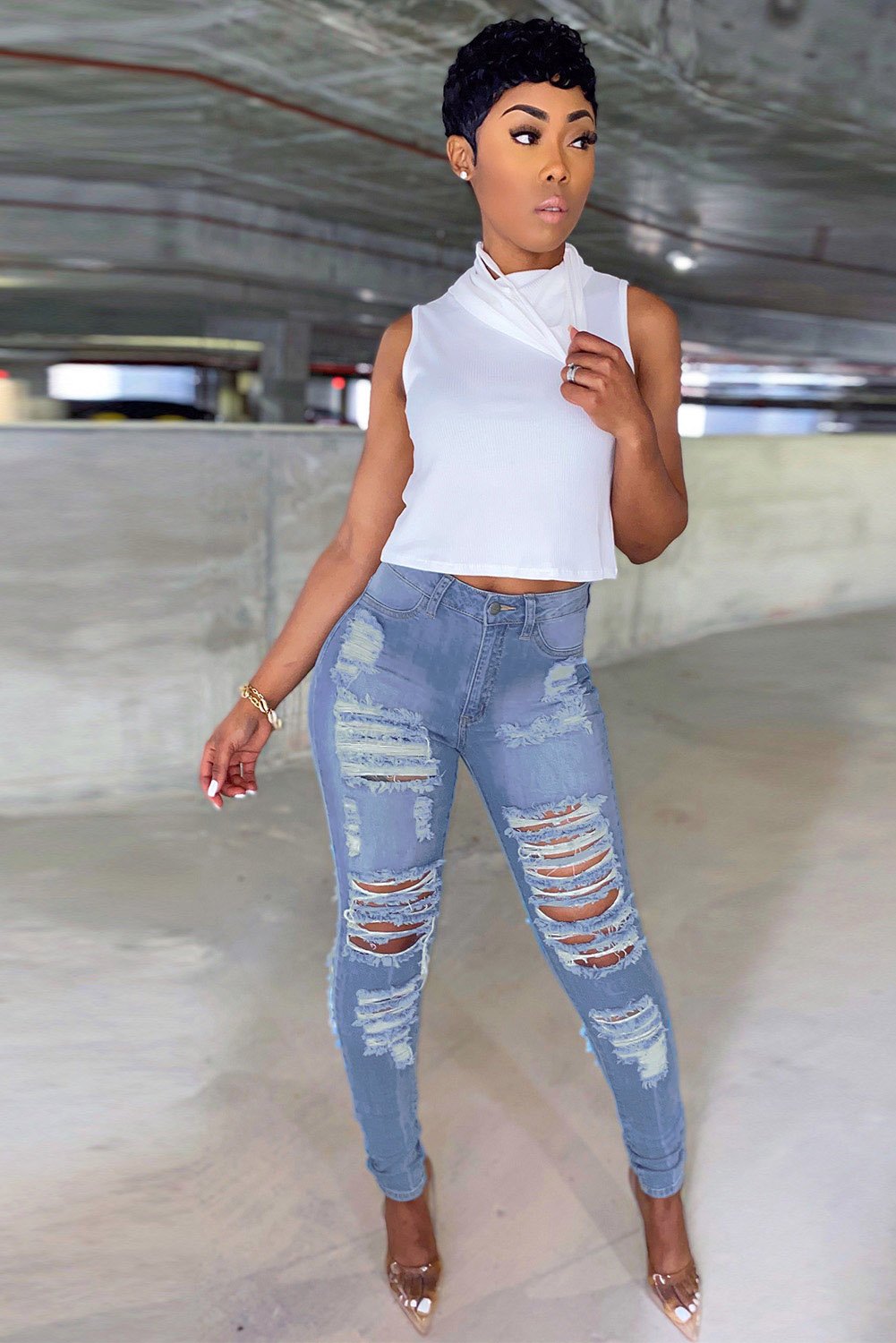 Light Blue Cut Out Distressed Ripped Pockets High Waisted Jeans