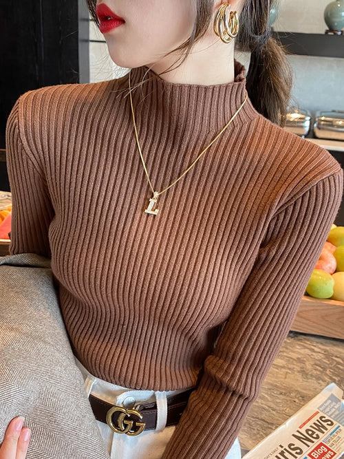 Elegant Solid Basic Knitted Tops Women Turtlneck Sweater Long Sleeve