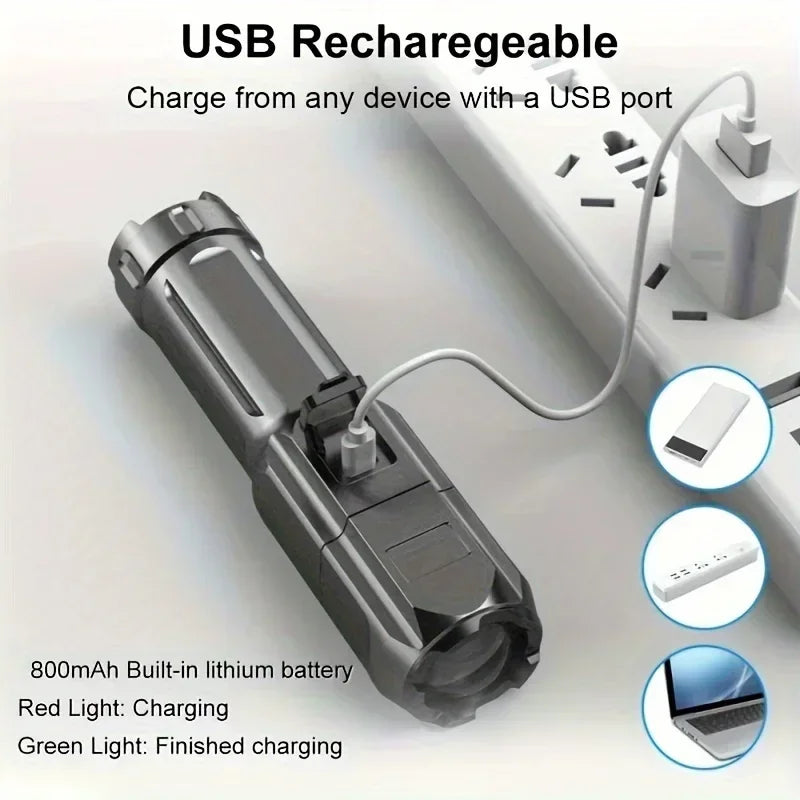 Powerful LED Flashlight Telescopic Zoom Tactical Torch USB Charging