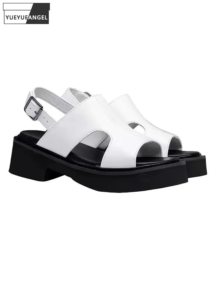 Summer New Men Thick Platform Cowhide Genuine Leather Sandals Buckle