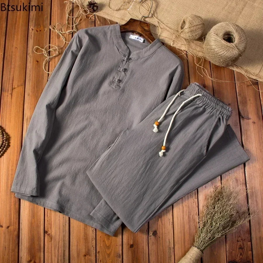 Cotton Linen  Men's Long-sleeved Shirt & Pants