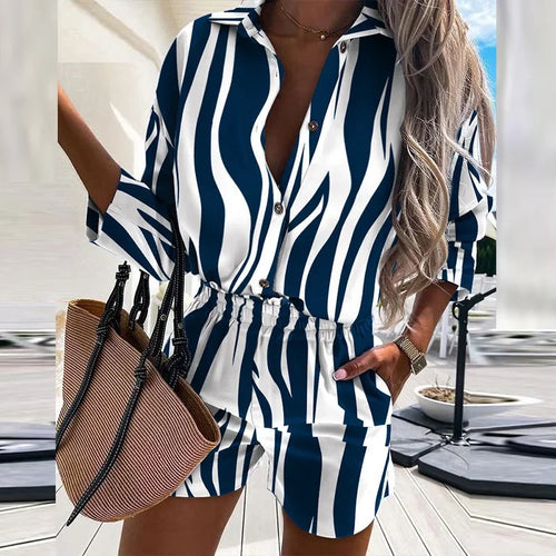 Two Piece Set Women Shorts Sets Summer Casual Print Suit Short