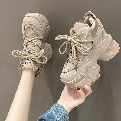 Women Walking Sneakers Autumn Lace-up High Platform Chunky Shoes