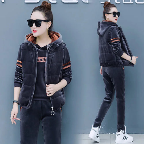 Winter Thick Velour Women Sport Suit Warm Hoodie