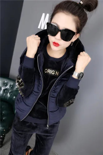 Winter Thick Velour Women Sport Suit Warm Hoodie