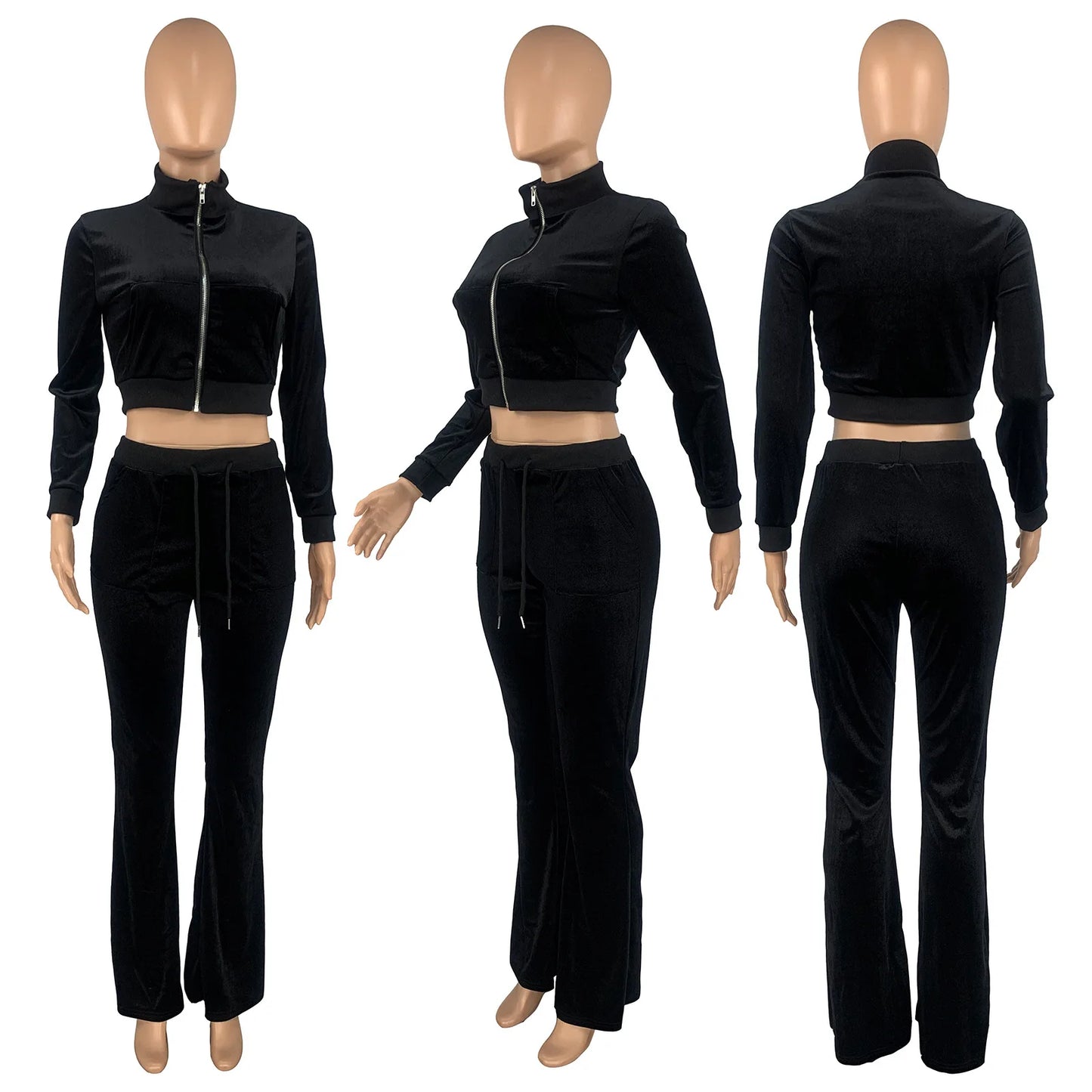 Women Jogger Sportswear Flare Long Trouser Pant 2 Piece Suit Solid