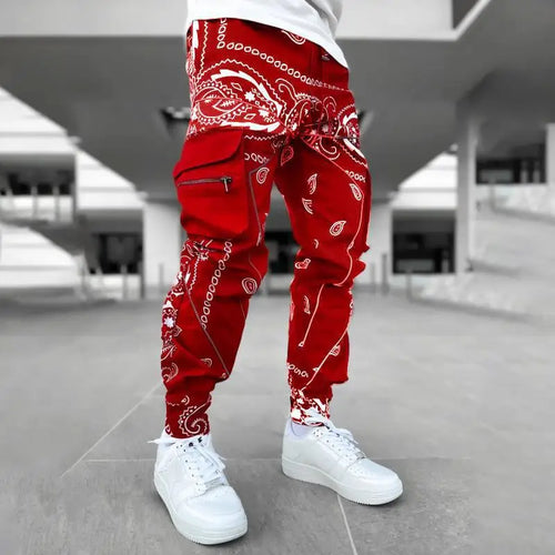 Men's Paisley Pattern Multi Pocket Joggers, Casual Sports Pants For