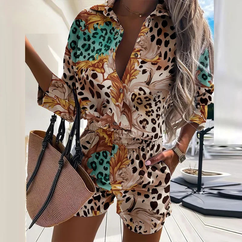 Two Piece Set Women Shorts Sets Summer Casual Print Suit Short