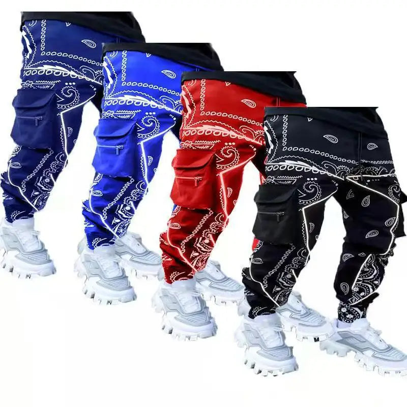 Men's Paisley Pattern Multi Pocket Joggers, Casual Sports Pants For