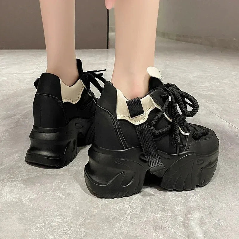 Women Walking Sneakers Autumn Lace-up High Platform Chunky Shoes