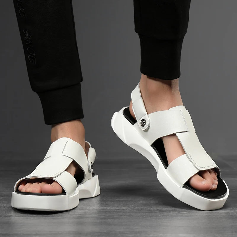 New White Black Cow Spilt Leather Men Sandals Platform Summer Roam Men