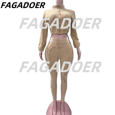 FAGADOER Autumn Winter Rib Two Piece Set For Women Casual Lapel Zip