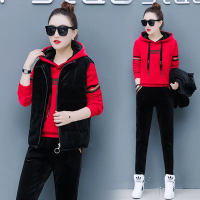 Winter Thick Velour Women Sport Suit Warm Hoodie