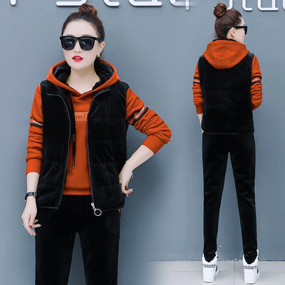 Winter Thick Velour Women Sport Suit Warm Hoodie