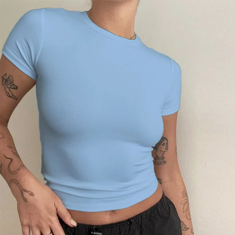 Woman Clothing Short Sleeve T-shirt Slim Fit Tops Female O-Neck