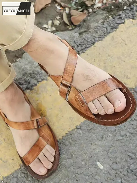 Handmade Men Real Leather Flat Sandals Summer Open Toe Beach Shoes