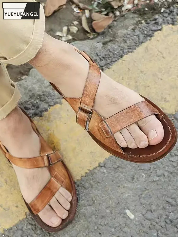 Handmade Men Real Leather Flat Sandals Summer Open Toe Beach Shoes