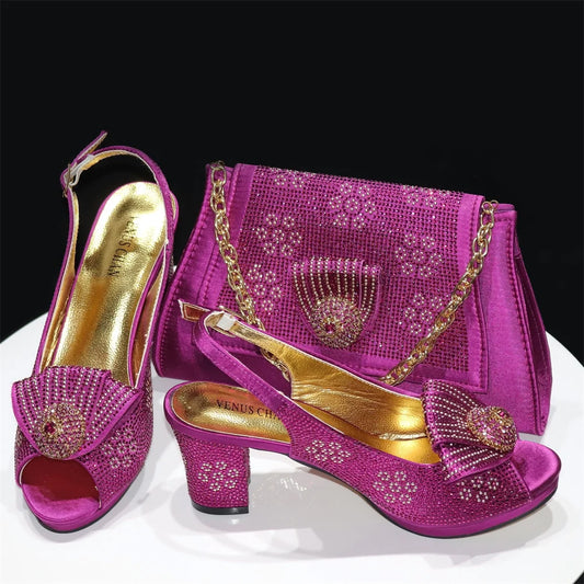 Magenta Women Shoes And Bag Set African Ladies High Heels Sandals