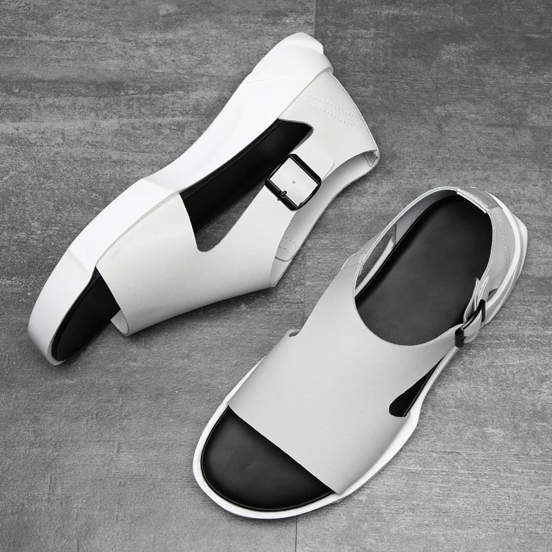 New White Black Cow Spilt Leather Men Sandals Platform Summer Roam Men