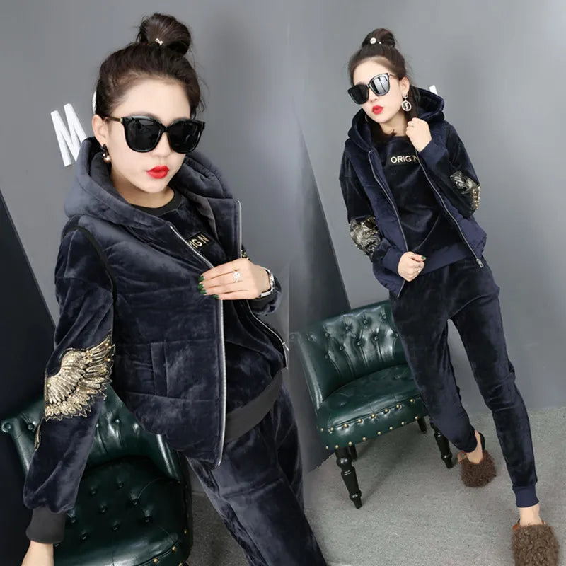 Winter Thick Velour Women Sport Suit Warm Hoodie