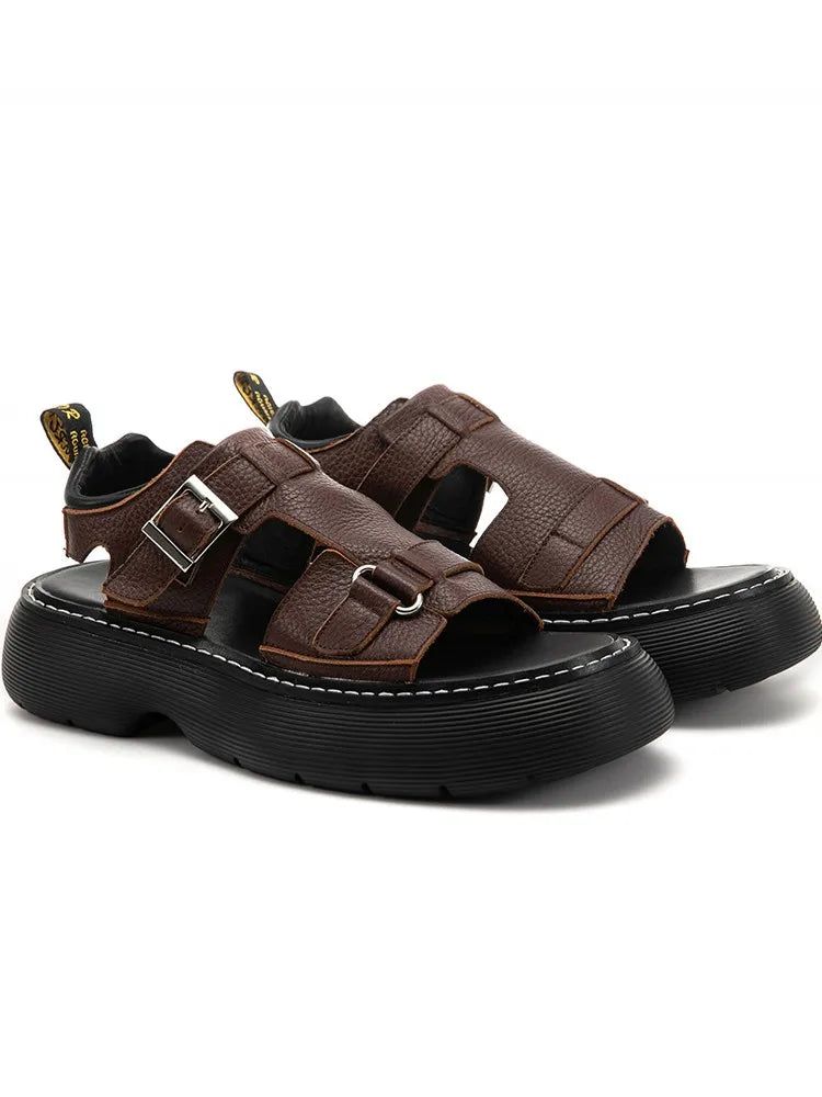 Summer New Real Leather Beach Shoes Men Leisure Outdoor Platform