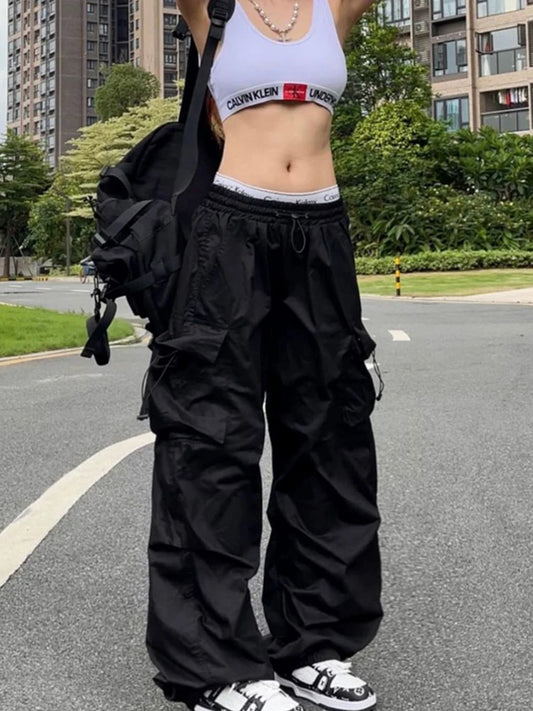 Y2K Parachute Black Pants Women Hippie Streetwear Oversize Pockets