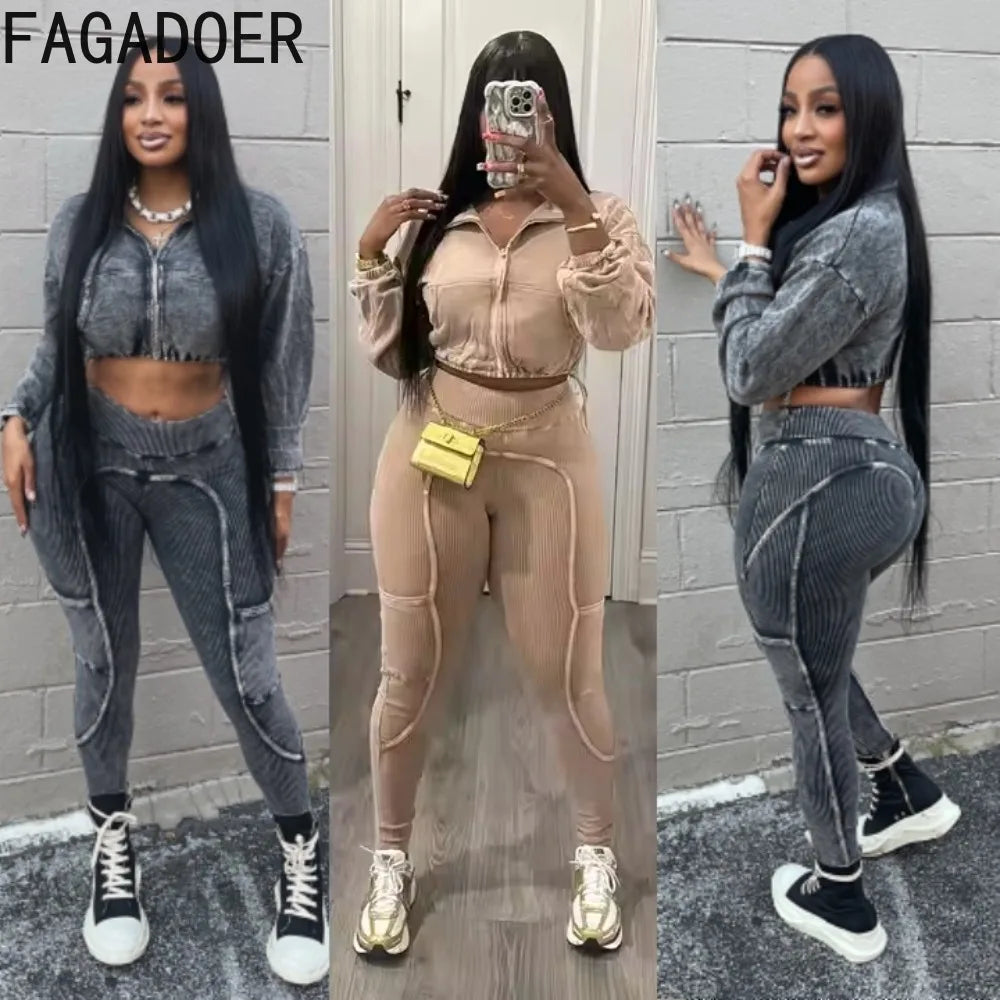 FAGADOER Autumn Winter Rib Two Piece Set For Women Casual Lapel Zip