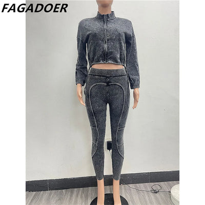 FAGADOER Autumn Winter Rib Two Piece Set For Women Casual Lapel Zip