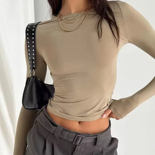 Women's Solid Color Long Sleeve Shirt Fashion 2024 Crop Top Base