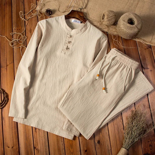 Cotton Linen  Men's Long-sleeved Shirt & Pants