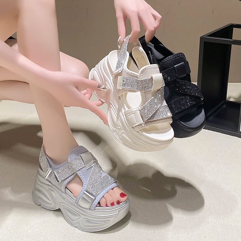 8.5CM Platform Sandals Women Bling Wedge High Heels Summer Rhinestone