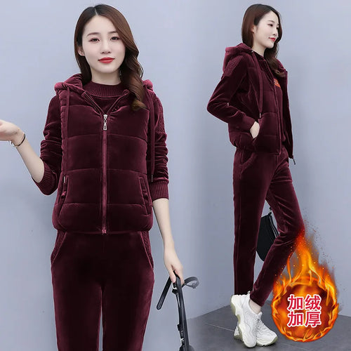 Winter Thick Velour Women Sport Suit Warm Hoodie