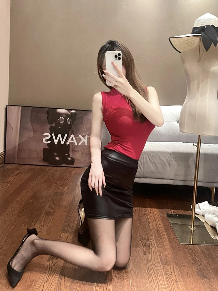 WOMENGAGA Leather Matte Slim Mini Sexy Fashion PU Hot Short High Waist