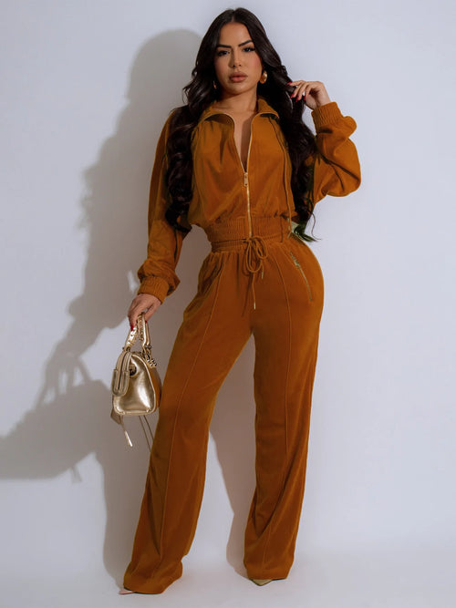 Women Set Autumn Winter Velvet Long Sleeve Jacket And Straight Pants