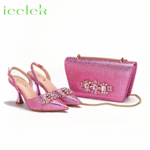 New Arrivals Special Design Pink Color African Women Shoes and Bag Set