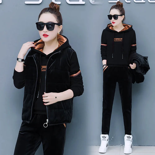 Winter Thick Velour Women Sport Suit Warm Hoodie