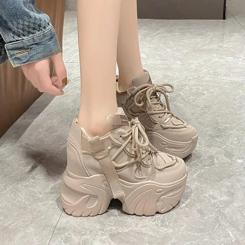 Women Walking Sneakers Autumn Lace-up High Platform Chunky Shoes