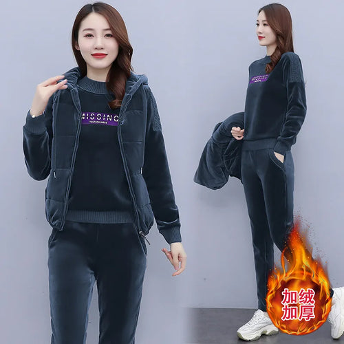 Winter Thick Velour Women Sport Suit Warm Hoodie