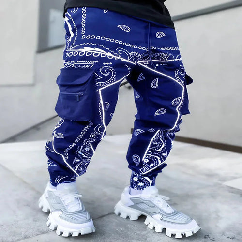 Men's Paisley Pattern Multi Pocket Joggers, Casual Sports Pants For