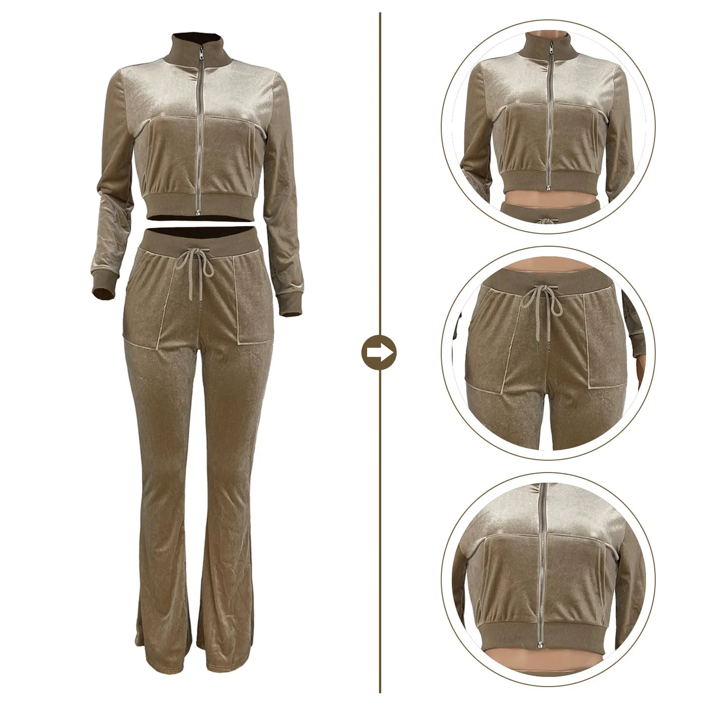 Women Jogger Sportswear Flare Long Trouser Pant 2 Piece Suit Solid